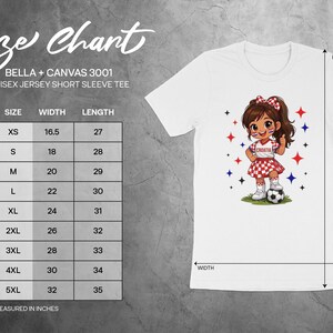 Bella + Canvas 3001 size chart for unisex jersey short sleeve tee.