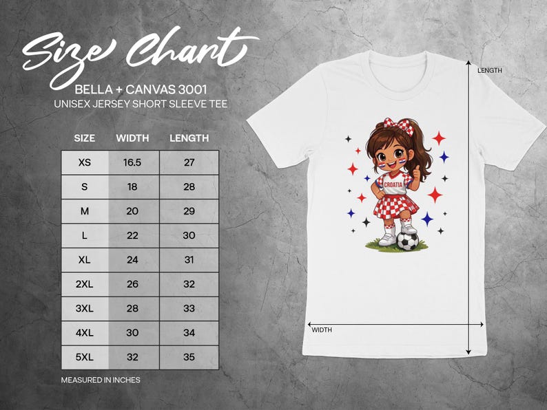 Bella + Canvas 3001 size chart for unisex jersey short sleeve tee.