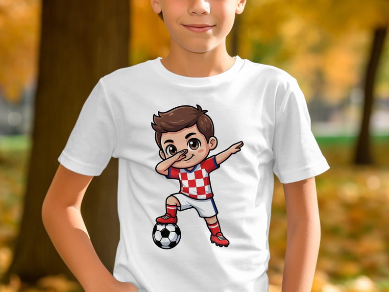 Boy wearing white t-shirt with cartoon soccer player graphic, holding a soccer ball.