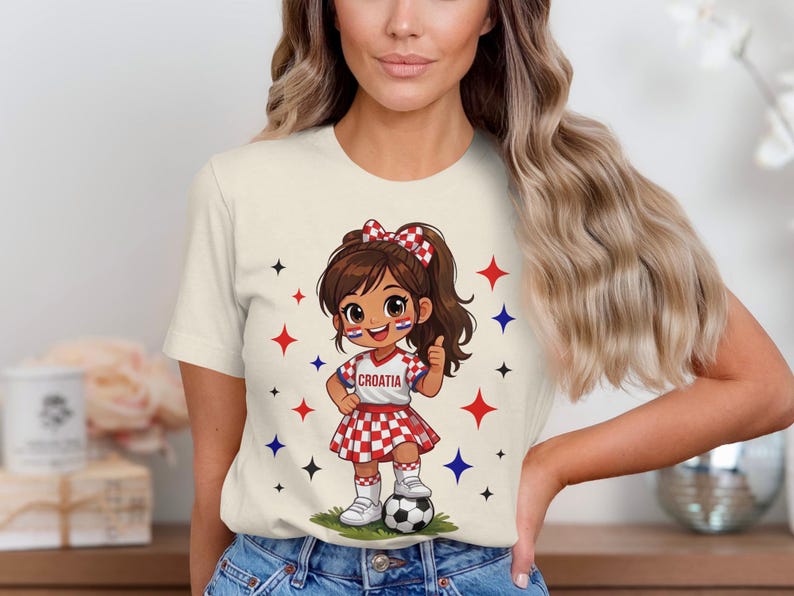 Cartoon girl in Croatia soccer uniform with thumbs up and soccer ball.