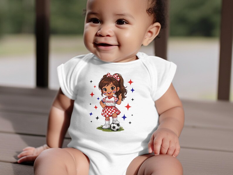 Baby onesie with Croatia flag, soccer ball, and stars graphic.