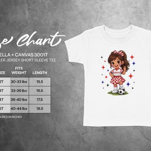 Toddler Bella+Canvas 3001T size chart with weights and lengths.