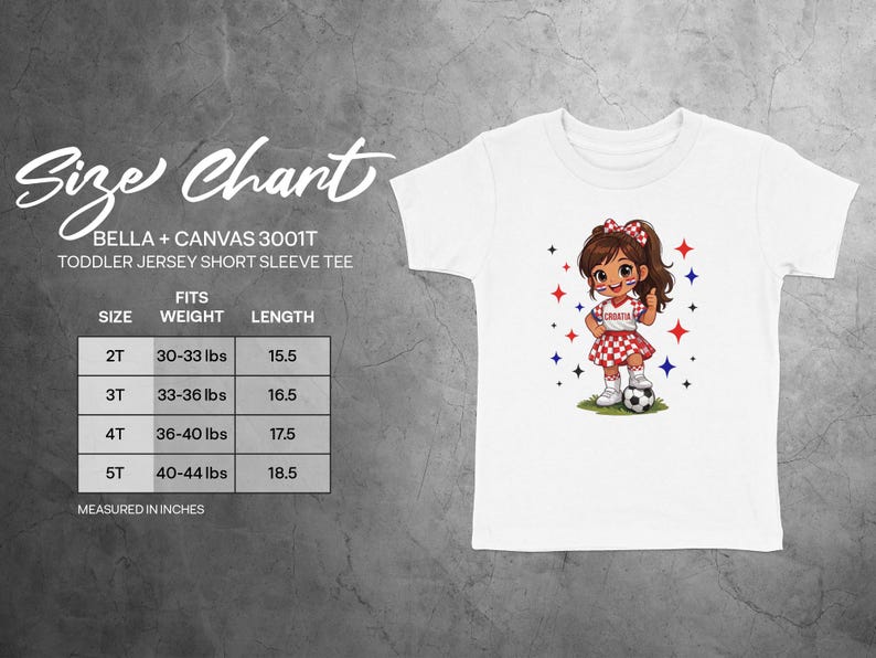 Toddler Bella+Canvas 3001T size chart with weights and lengths.