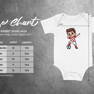Rabbit Skins 4424 infant bodysuit size chart showing chest and length measurements.