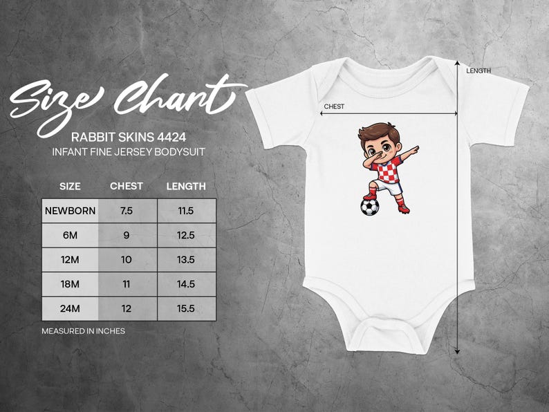 Rabbit Skins 4424 infant bodysuit size chart showing chest and length measurements.