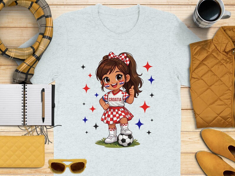 Child in Croatia soccer uniform giving thumbs up next to soccer ball.