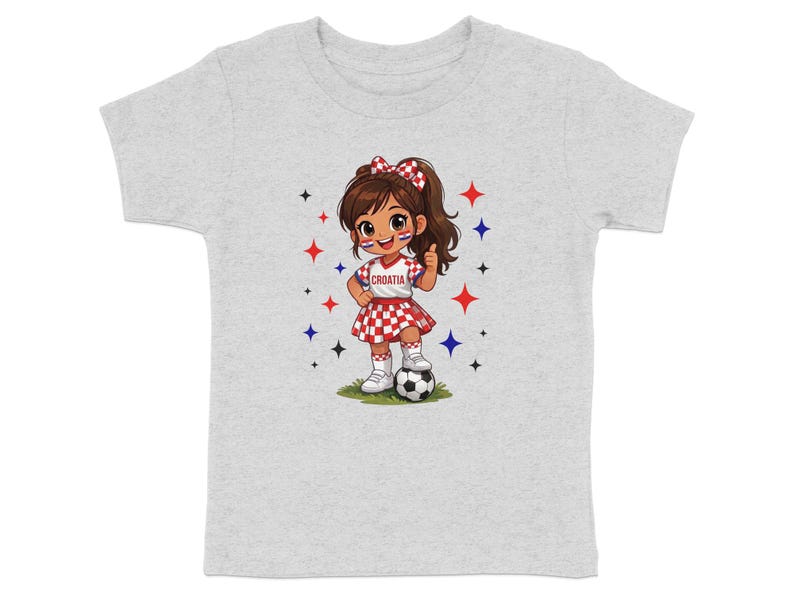Cartoon girl in Croatia outfit with soccer ball, thumbs up.