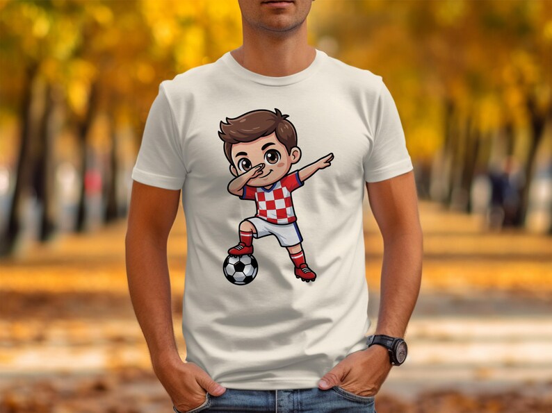 Cartoon soccer player dabbing on a white t-shirt with a blurred autumn background.