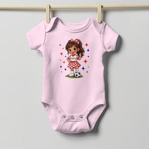 Baby girl bodysuit with cartoon girl in soccer uniform holding Croatian flag.