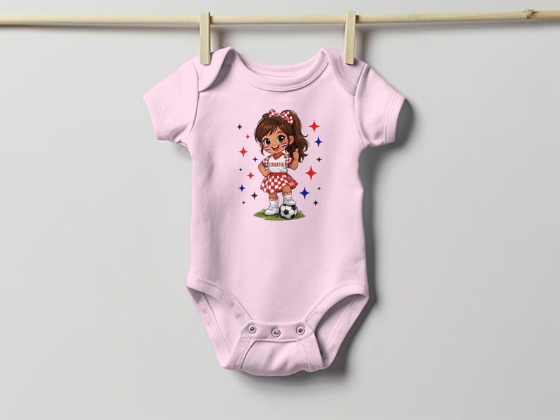Baby girl bodysuit with cartoon girl in soccer uniform holding Croatian flag.