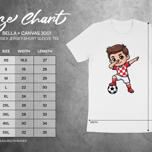 Bella + Canvas 3001 unisex t-shirt size chart with measurements in inches.
