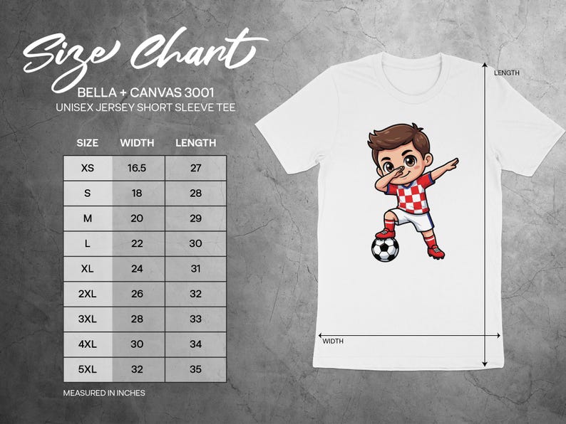 Bella + Canvas 3001 unisex t-shirt size chart with measurements in inches.