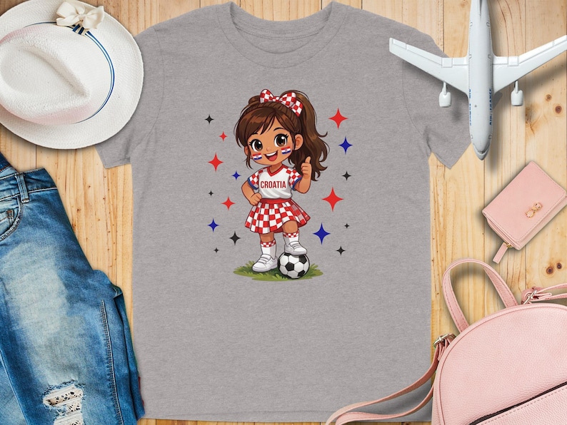 Cartoon girl in Croatia soccer uniform with ball, thumbs up.