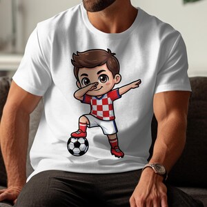 Cartoon boy in Croatian soccer uniform dabbing with a soccer ball.