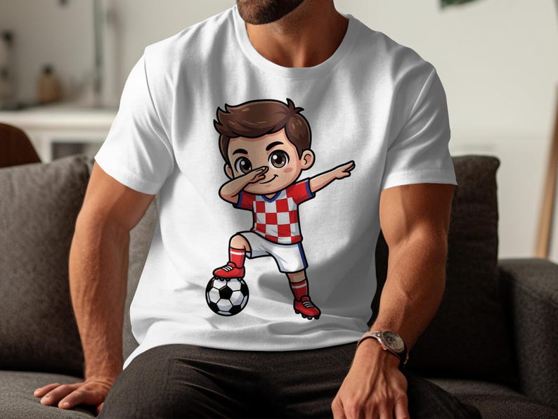 Cartoon boy in Croatian soccer uniform dabbing with a soccer ball.