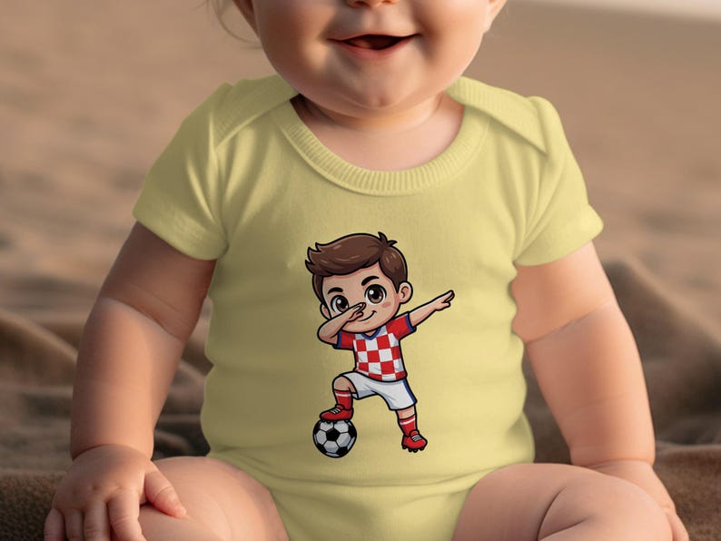 Baby wearing a yellow onesie with a cartoon boy dribbling a soccer ball.