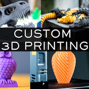 May include: A collage of 3D printed objects, including a dinosaur skull, a dragon, an owl, and a vase. The text "CUSTOM 3D PRINTING" is displayed in the center of the image.