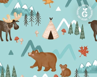 Canada Wilderness Seamless Pattern: Bears, Moose, Camping (JPEG Digital Download)