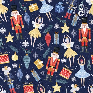 May include: A repeating pattern on a navy blue background features watercolour illustrations of nutcrackers, ballerinas, wrapped gifts, baubles, snowflakes, and stars. The design has a festive, holiday theme.