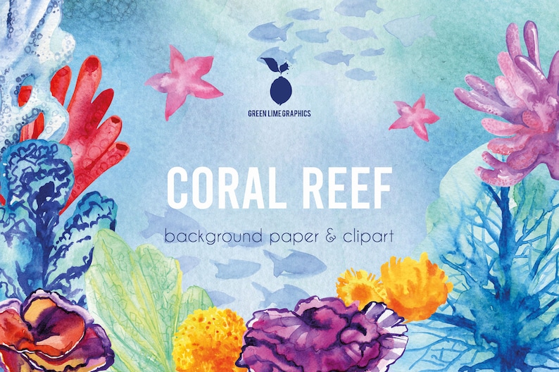 Clipart di barriera corallina ad acquerello: oceano marino PNG (download digitale) immagine 4