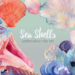 K&ouml;nnte beinhalten: Aquarell-Clipart mit verschiedenen Muscheln in Rosa-, Blau- und Gr&uuml;nt&ouml;nen. Die Muscheln sind in einem Kreis um den Text "Sea Shells watercolor clip art" angeordnet.