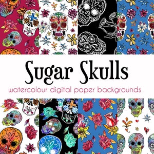 Sugar Skulls Digital Paper, Day of the Dead Pattern, Watercolour Skulls, Day of the Dead, Dia de los Muertos