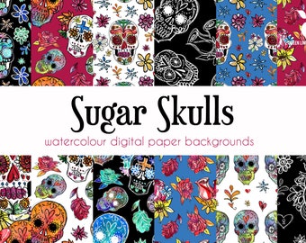 Sugar Skulls Digital Paper, Day of the Dead Pattern, Watercolour Skulls, Day of the Dead, Dia de los Muertos