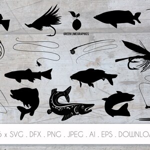 Peut inclure: Un ensemble de 15 illustrations en silhouette noire et blanche de poissons, de leurres de pêche et de pêcheurs. Les illustrations sont sur un fond en bois. Le texte "GREEN LIME GRAPHICS" et "15 x SVG. DFX. PNG JPEG. AI. EPS. DOWNLOAD" est en bas de l'image.