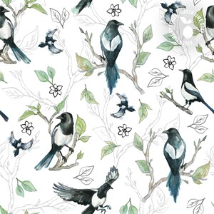 Magpies seamless pattern, Magpie digital paper, mischief of magpies, birds repeating pattern, birds fabric design, magpies repeating, JPEG
