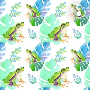May include: A seamless pattern featuring watercolor illustrations of green tree frogs sitting on tropical leaves. The leaves are in shades of blue, green, and purple.