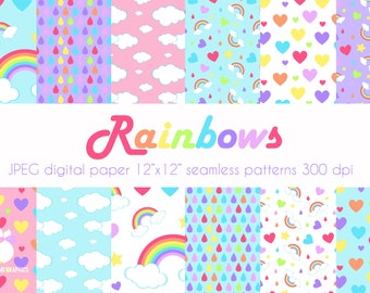 Rainbow digital paper, Rainbow seamless pattern, Rainbow baby, clouds, love hearts, scrapbooking, JPEG
