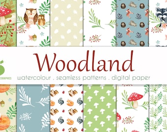 Watercolor Woodland Animals Seamless Patterns: Scrapbook Paper (Digital Download)