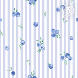 May include: A seamless pattern featuring watercolor blueberries and green leaves scattered across a background of vertical light blue and white stripes. The blueberries vary in size and are clustered in groups or appear as single berries.