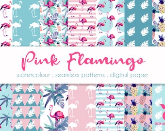 Watercolor Flamingo Digital Paper: Tropical Seamless Pattern (JPEG)