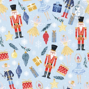 Può includere: Illustrazione a motivi ripetuti con temi natalizi. Il design presenta schiaccianoci, ballerine, regali confezionati, ornamenti, fiocchi di neve e stelle su sfondo azzurro.