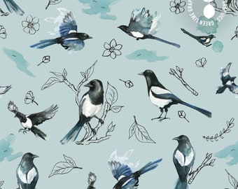 Magpie Watercolor Seamless Pattern: Bird Digital Paper (JPEG, PNG)
