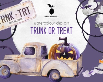 Watercolor Trunk or Treat Clip Art: Halloween Pumpkin PNG (Digital Download)