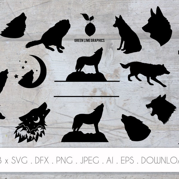 Wolf SVG Bundle, Wolf Silhouette for circuit, Animals Cut files for Laser, Wolf Coral, Wolf Circuit, Wolf DXF, Moon, Wilderness DXF, png