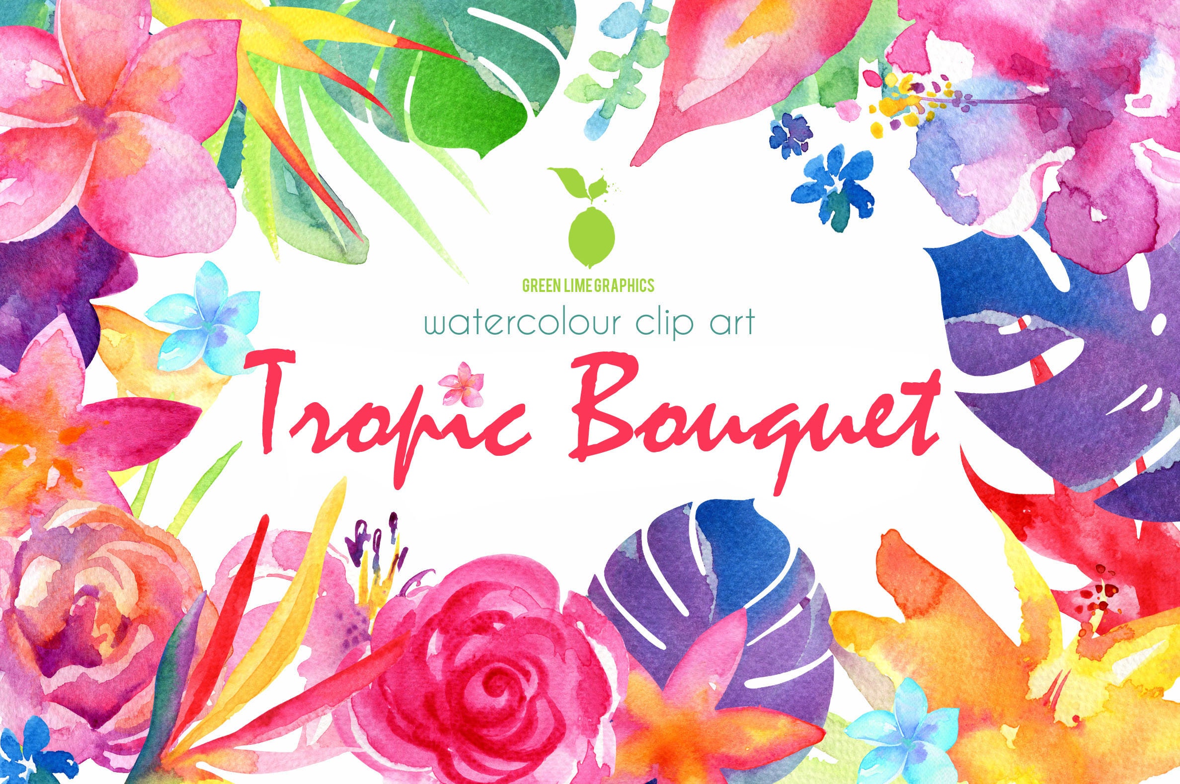 Watercolor Tropical Flower Clipart: Hawaii Bouquets (PNG)
