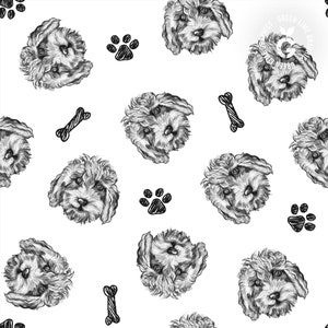May include: A seamless pattern featuring black and white illustrations of a dog's head, paw prints, and bones on a white background.
