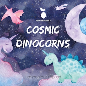Watercolor Dinocorns Clipart: Cosmic Galaxy Nursery Printables (PNG)
