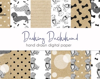 Dachshund Dog Digital Paper, Dachshund Seamless Pattern, Sausage Dog Printable Gift Wrap, Wiener Dog, Tuxedo pattern, Dachshund Tuxedo, jpeg