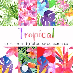 Watercolour tropical digital paper, Summer digital paper, Bright Floral digital paper, Hawaii papers, Palm leaves, Tropical seamless pattern