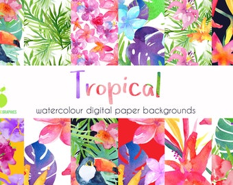 Watercolour tropical digital paper, Summer digital paper, Bright Floral digital paper, Hawaii papers, Palm leaves, Tropical seamless pattern