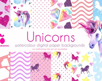 Unicorn digital paper, Watercolour Unicorn printables, Unicorn Party, Rainbow, Glitter unicorn, stars, patterns, mythical, magical