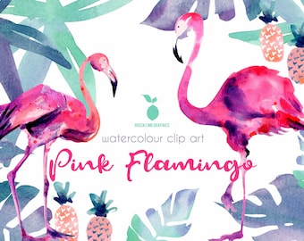 Pink Flamingo Watercolor Clipart: Tropical Pineapple & Hibiscus (PNG)