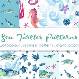 Sea Turtles digital paper, Turtles seamless pattern, Sea Life, Ocean Life, Under the Sea, Sea horse pattern, Watercolour Turtles, JPEG