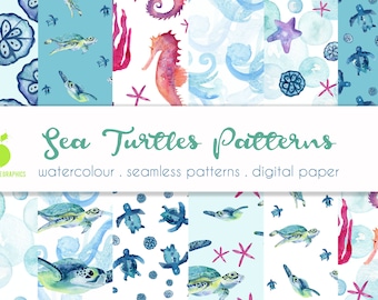 Sea Turtles digital paper, Turtles seamless pattern, Sea Life, Ocean Life, Under the Sea, Sea horse pattern, Watercolour Turtles, JPEG