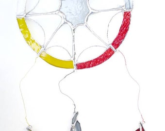 Stained glass dream catcher, colors inspired by Native American medicine wheel, inspired by Native American decoration