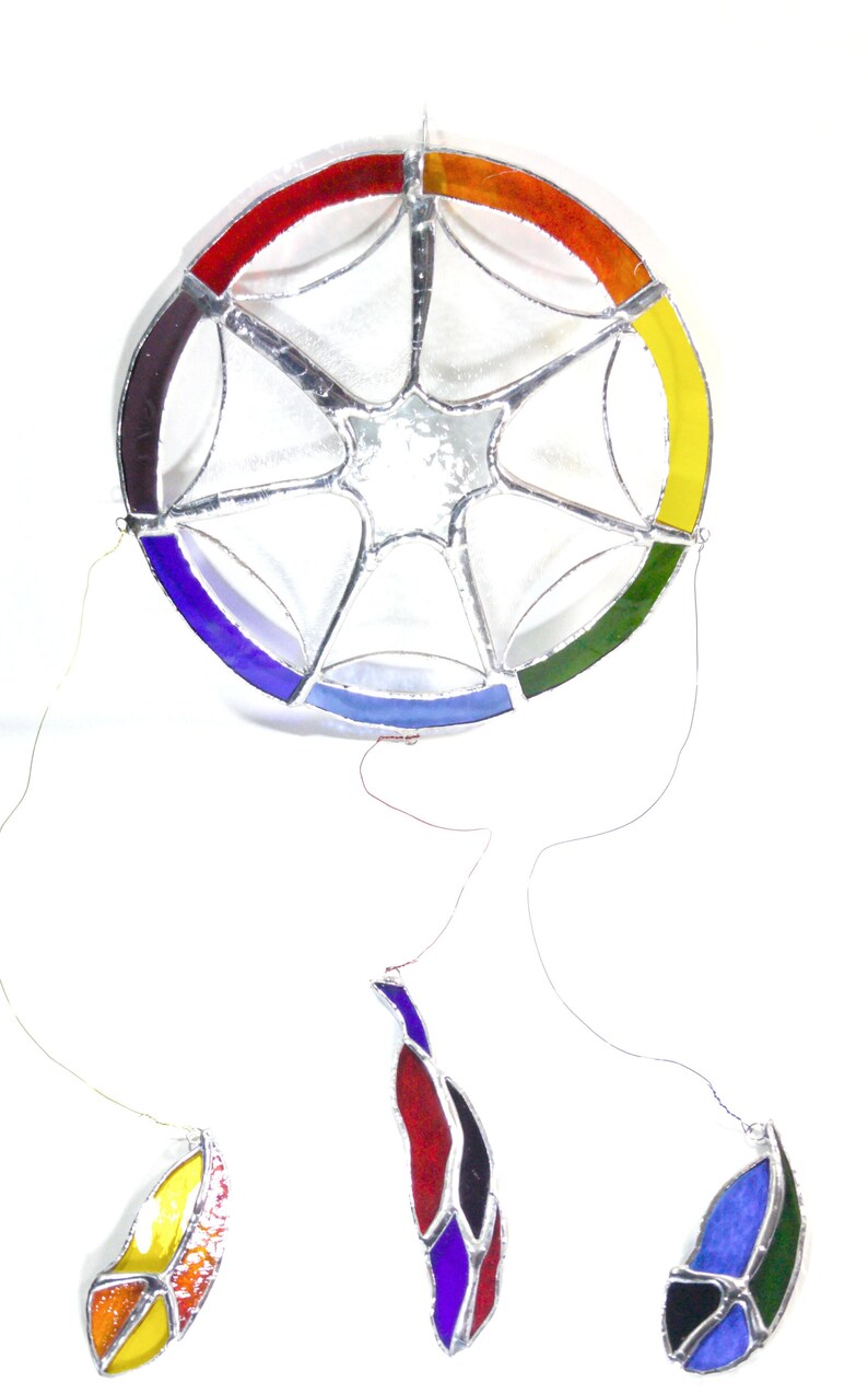 Stained glass dream catcher, chakra color sensor, window decoration image 1